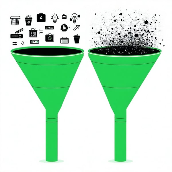 Illustrate a principle A split funnel graphicone side showing garbage icons entering and messy output the other clean data in and success outminimalist educational green for success-1