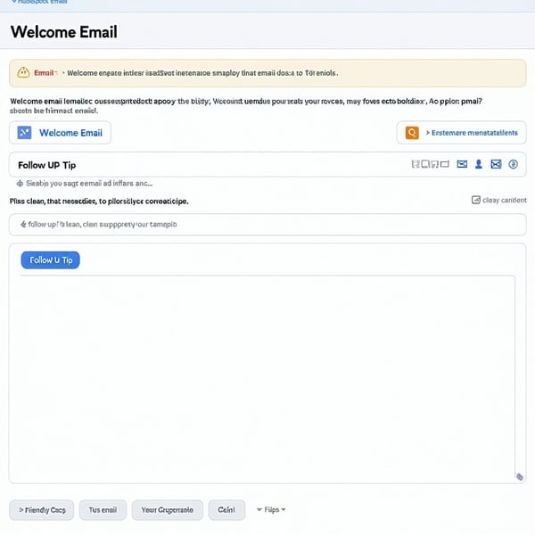 Supporting Image Generate a screenshot of a HubSpot workflow interface showing a simple email sequence with steps like Welcome Email and FollowUp Tip with a clean and userfriendly design