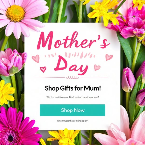 Supporting Image Generate a screenshot of a Mothers Day email campaign featuring a cheerful design with flowers and a call to action like Shop Gifts for Mum Now-1