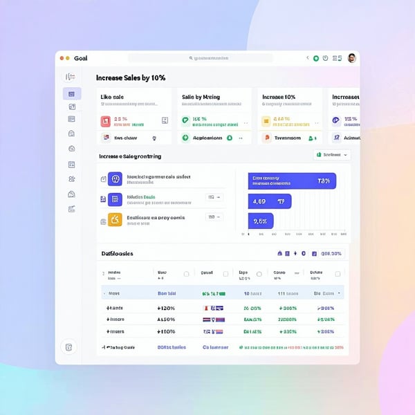 Supporting Image Generate a screenshot of a goalsetting app or CRM dashboard showing a 2025 goal like Increase Sales by 10 with a clean colourful layout
