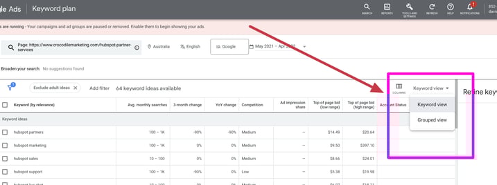 screen shot of google keyword planning tool group view