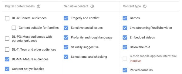 Google Ads exclusion screen shot