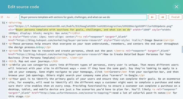Image alt text tag highlighted in the HTML source code of a blog post in CMS Hub