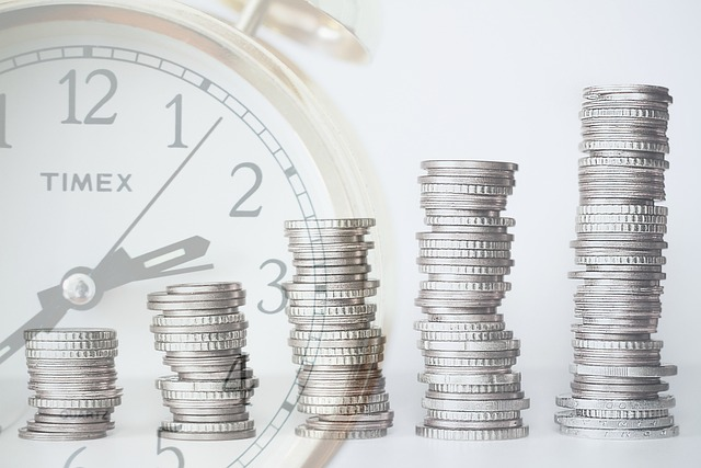 stack of coins on background of clock show roi