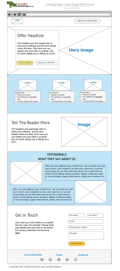 Landing Page Design Layout and mock up with clickable phone number 