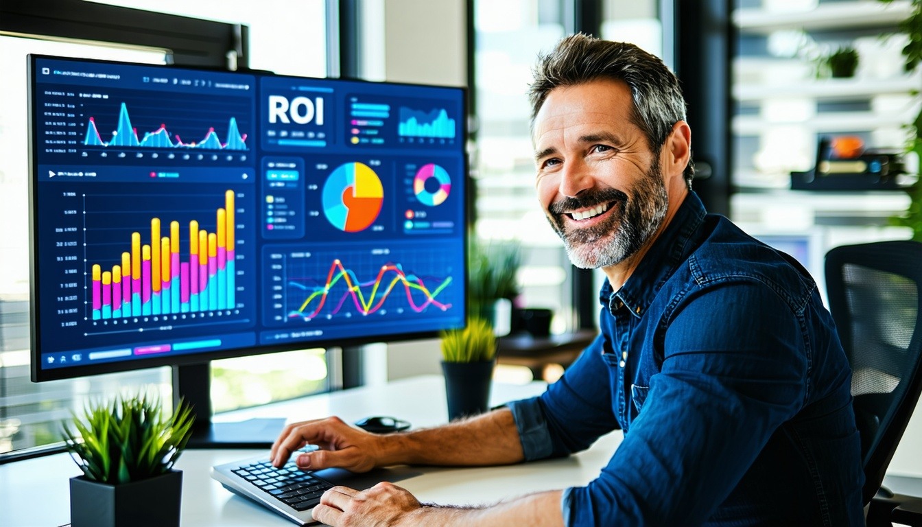 a marketing professional in their 40s, smiling at a laptop in a modern office, with vibrant charts and ROI metrics displayed on the screen, showcasing success.