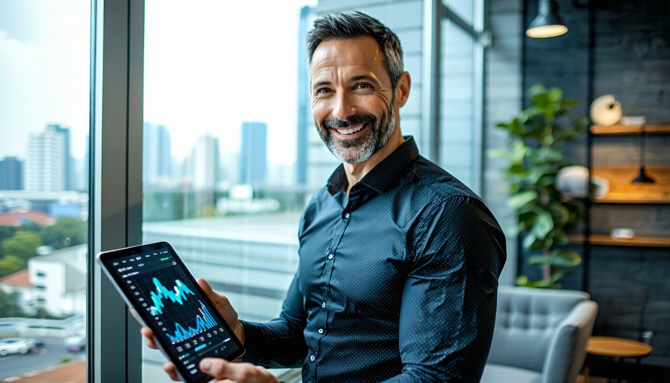  a marketing professional in their 40s, standing in a modern office, smiling at a digital dashboard on a tablet displaying lead metrics, with a vibrant cityscape visible through the window.