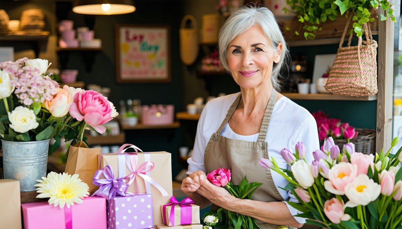a small business owner in their 40s, arranging a colorful Mother’s Day display with flowers and gifts in a cozy shop, creating a warm, inviting scene.