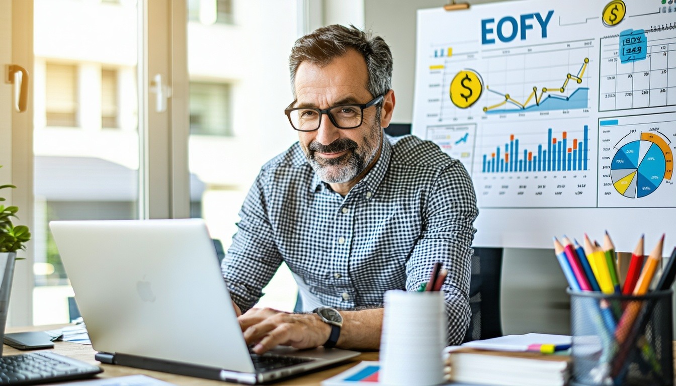  small business owner in their 40s, confidently reviewing financial charts on a laptop in a tidy office, with EOFY-themed visuals like a calendar and money icons in the background.