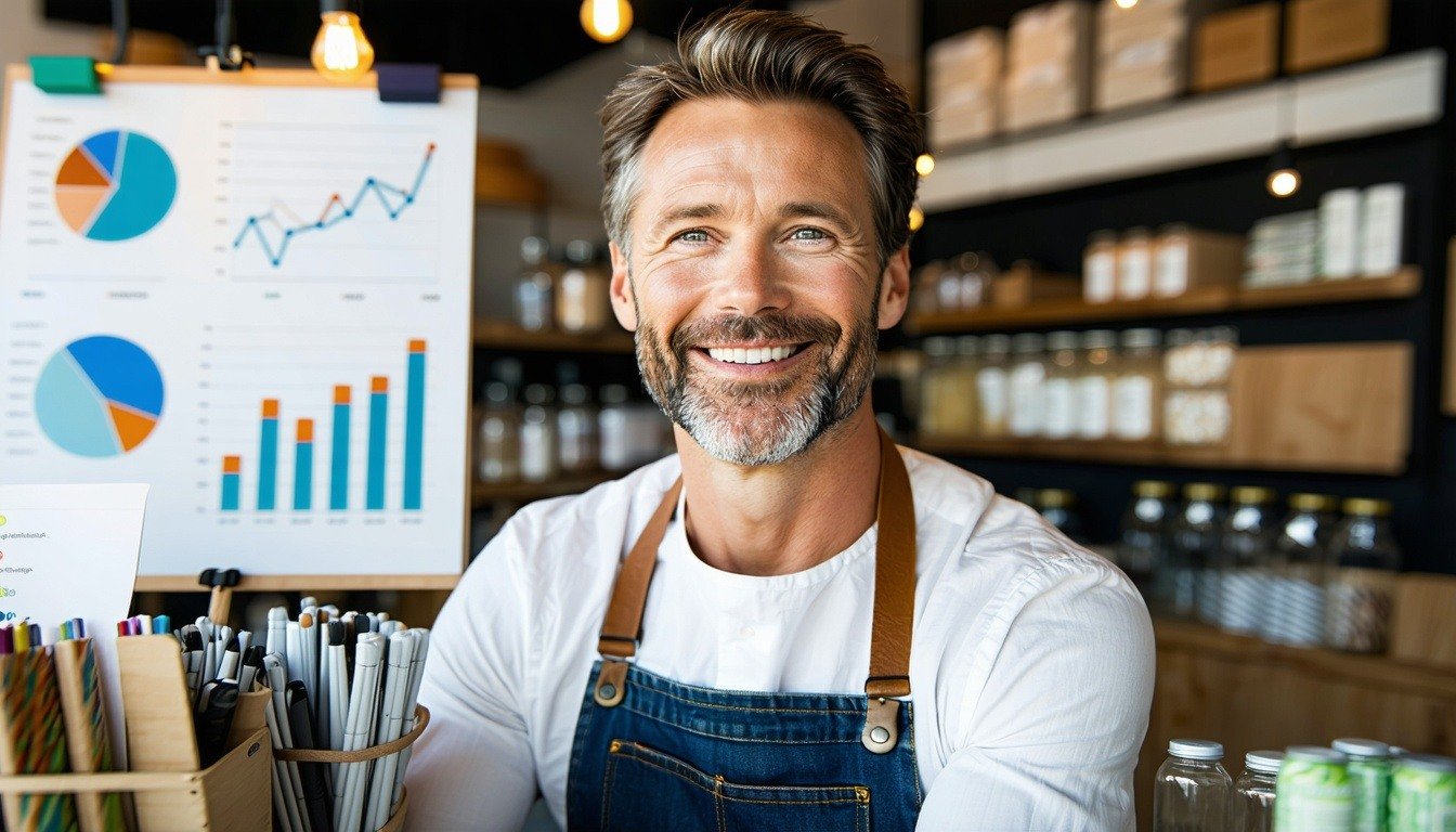 a small business owner in their 40s, smiling confidently in a bustling shop, with charts showing upward growth trends subtly displayed in the background.