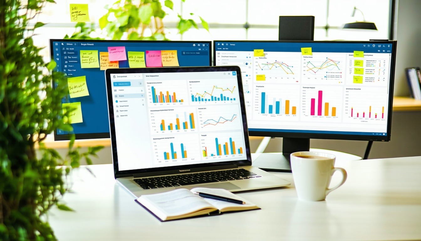 The image depicts a modern office environment featuring a sleek desk equipped with multiple monitors displaying graphs and analytics related to contact management A notepad filled with handwritten notes lies next to a laptop which is open to a HubSpo-1