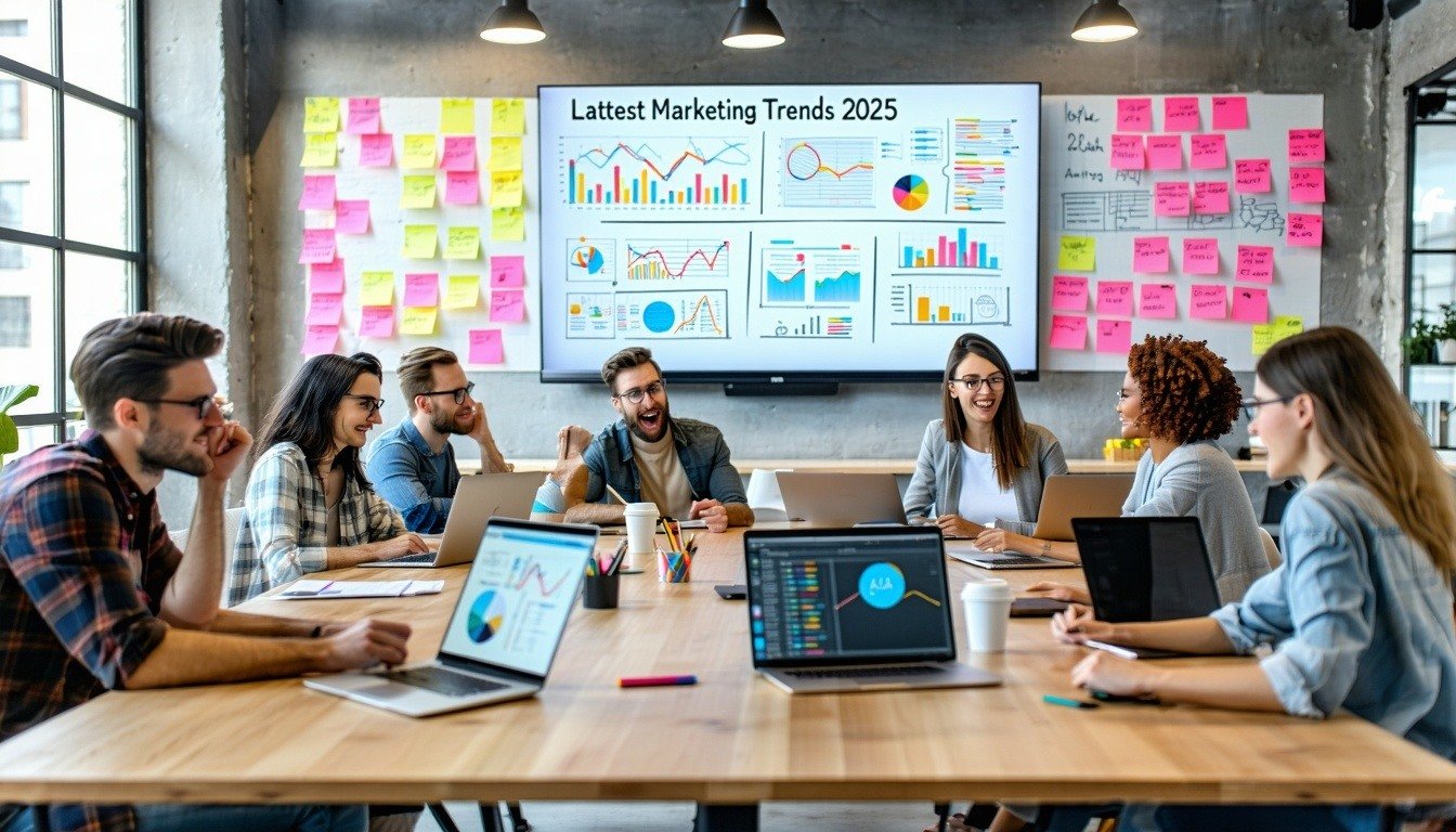 The image depicts a modern office space filled with marketing professionals engaged in a brainstorming session Sleek laptops are open displaying colorful graphs and analytics dashboards A large screen at the front showcases vibrant video content capt