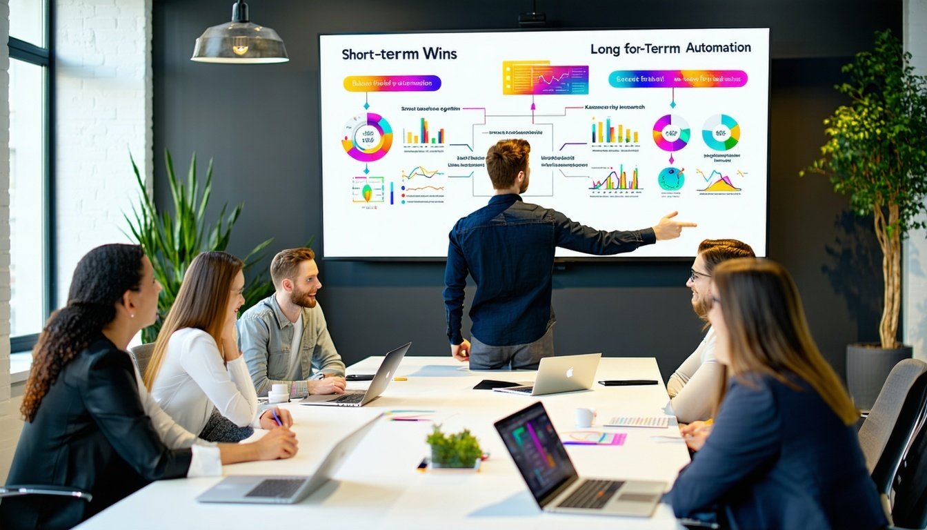 A large screen displays a vibrant infographic illustrating the balance between short-term wins and long-term growth strategies