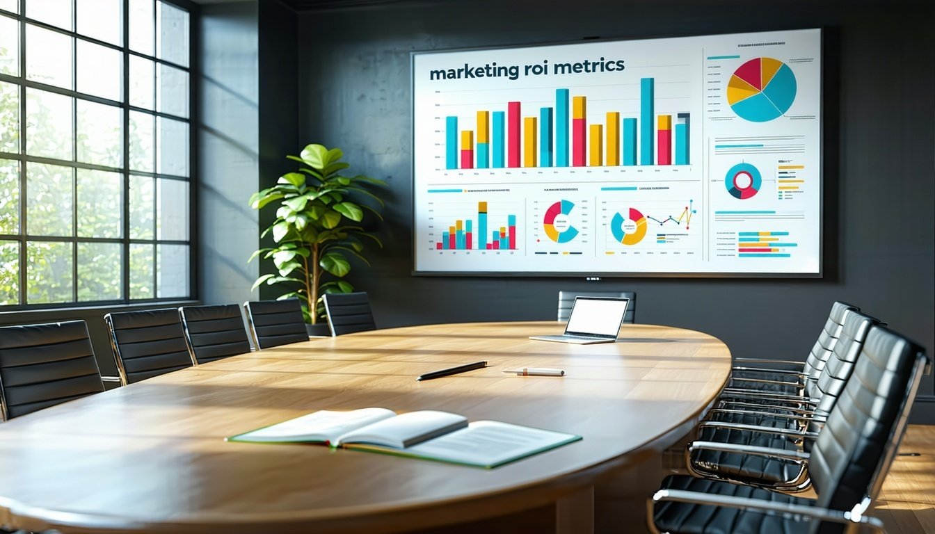 modern office space where a diverse group of professionals is engaged in a collaborative meeting. A large whiteboard dominates one wall, filled with colorful diagrams and notes related to marketing strategies and ROI calculations