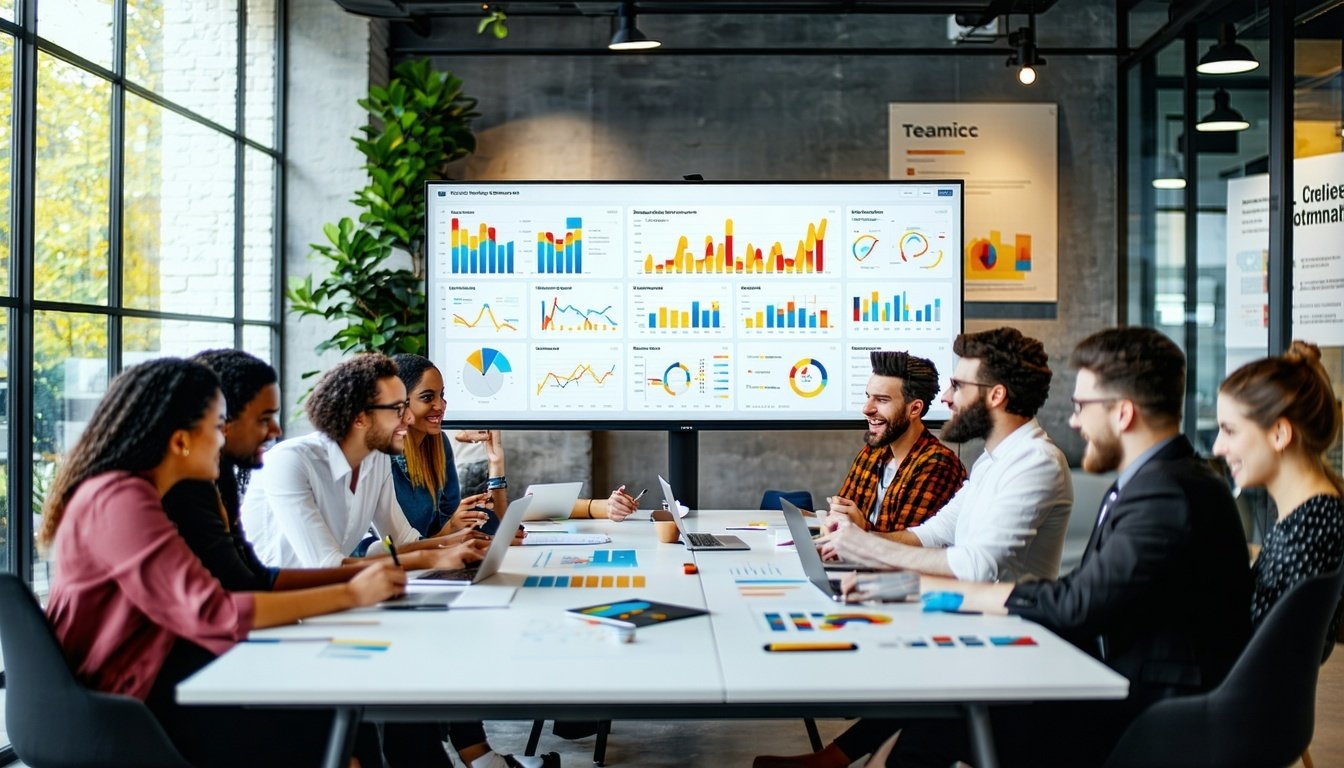 arge screen displays a colorful dashboard filled with sales metrics, graphs, and real-time analytics
