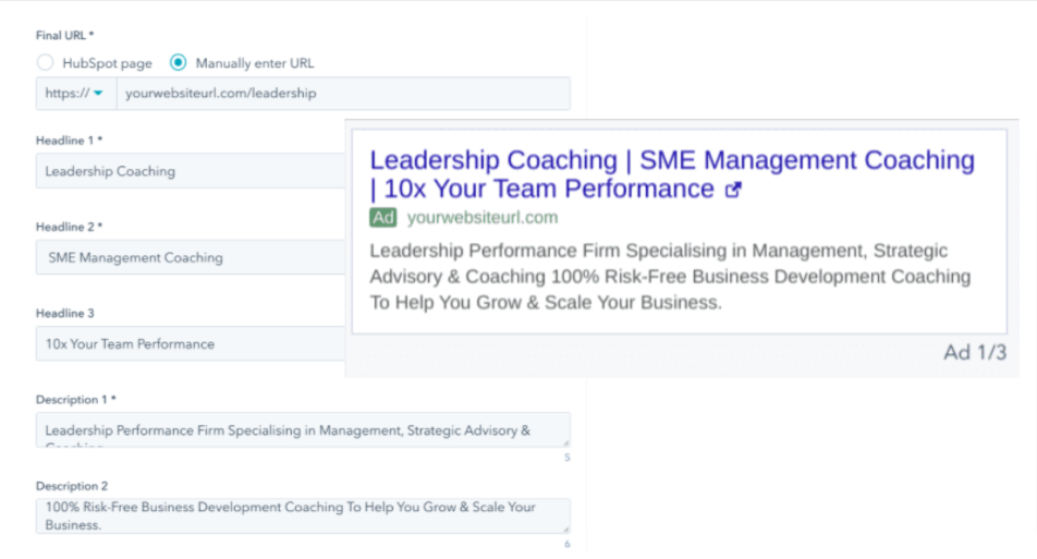 google ads description for business coaching - example