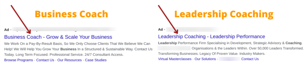google ads example for business coaching