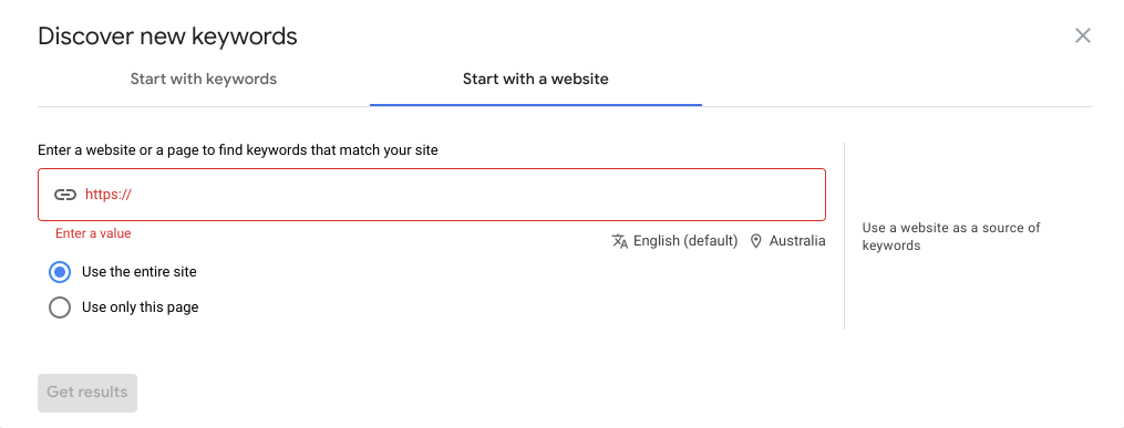 google ads keyword search url screenshot
